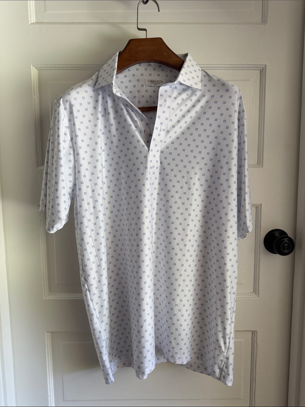 White Polo with Light Blue Geo Print